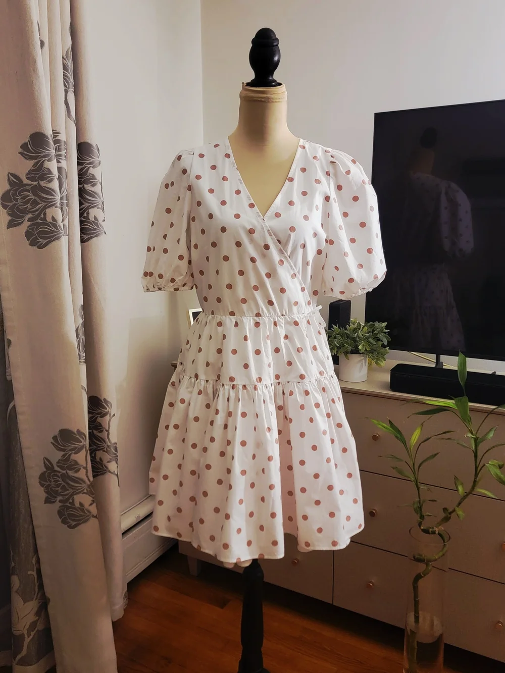 J.Crew White Pink Polka Dot Puff Sleeve Cotton Wrap Dress XS Fits Medium